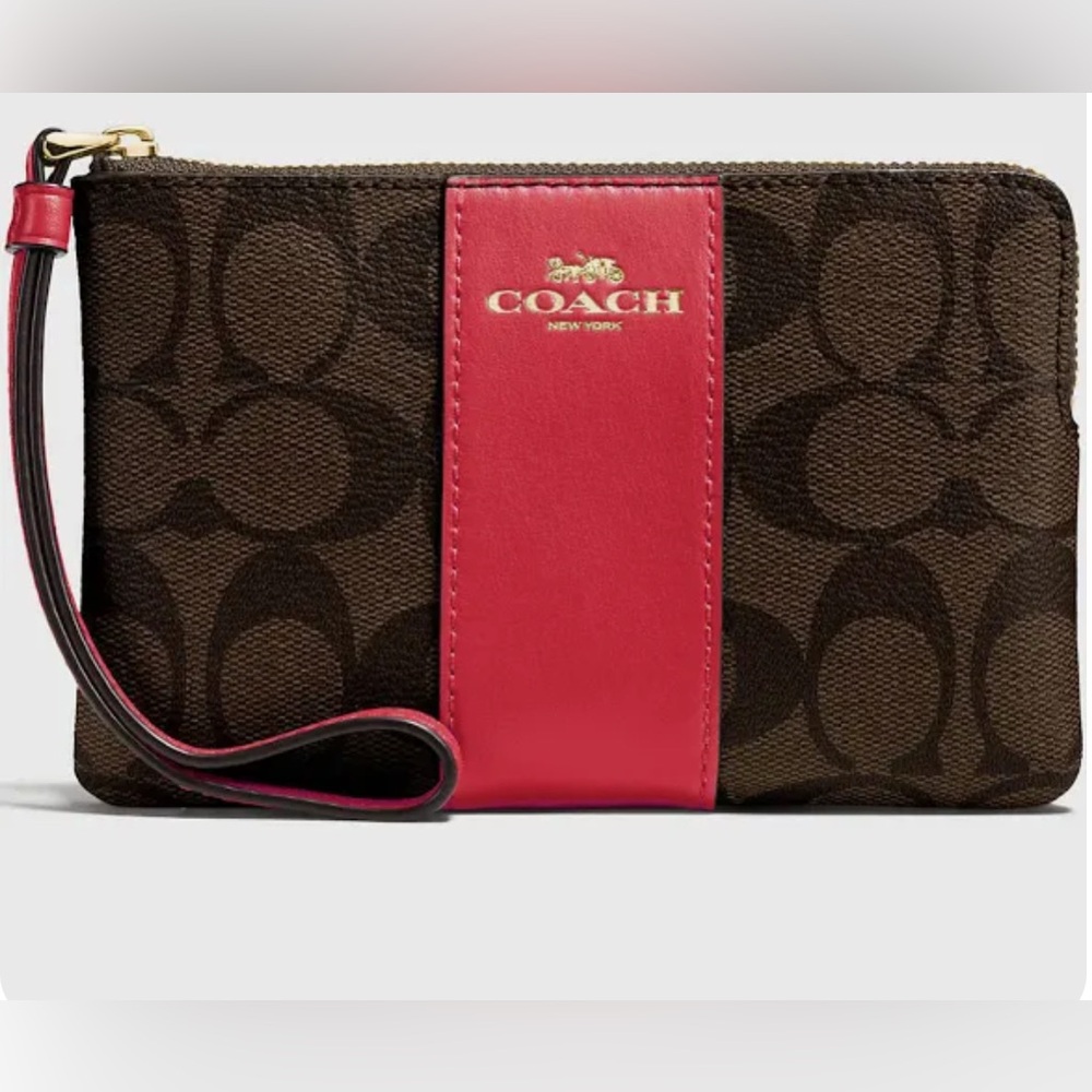 COACH Wristlet with Red and Brown Signature Design. NWT